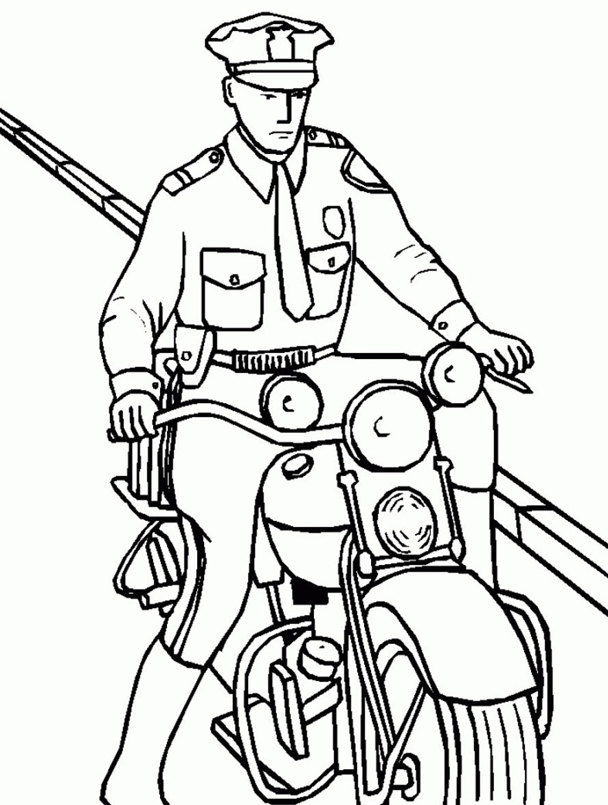 Online coloring book: Coloring book of brave policeman on a motorcycle
